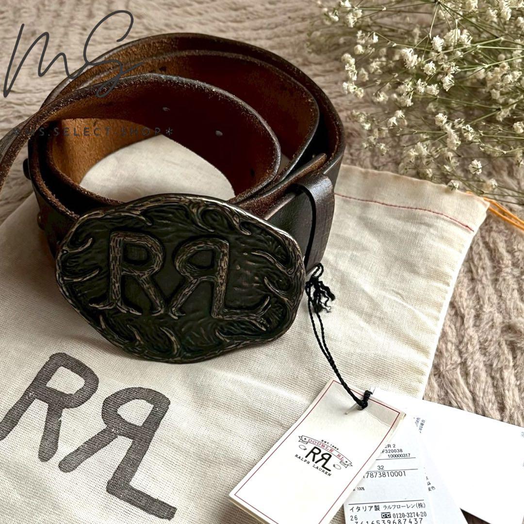 極美品 RRL ダブルアールエル ロゴバックル レザー ベルト メンズ