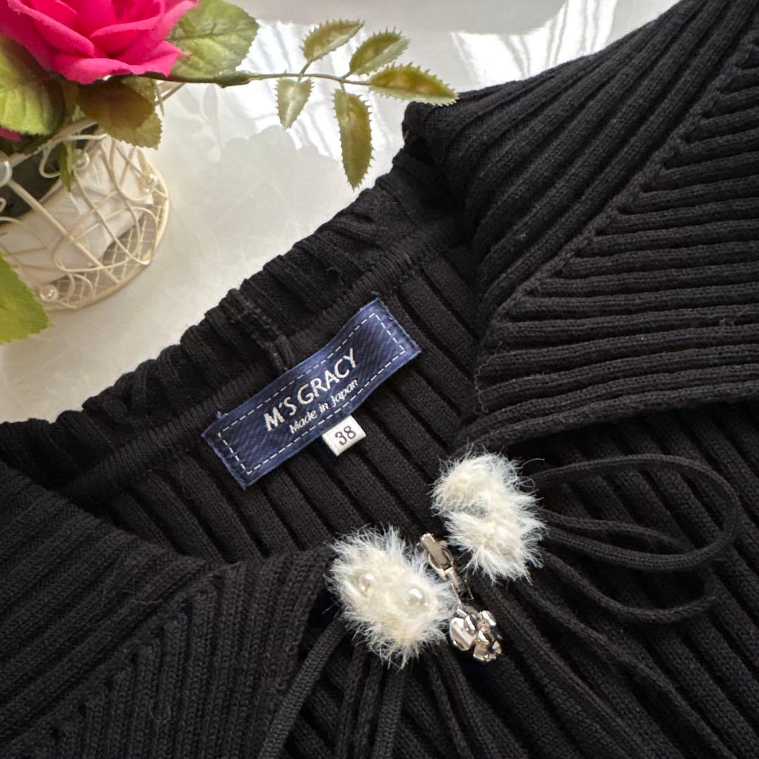 エムズグレイシー　ロゴ入りお花モチーフデザインダブルジップカーディガンニット38