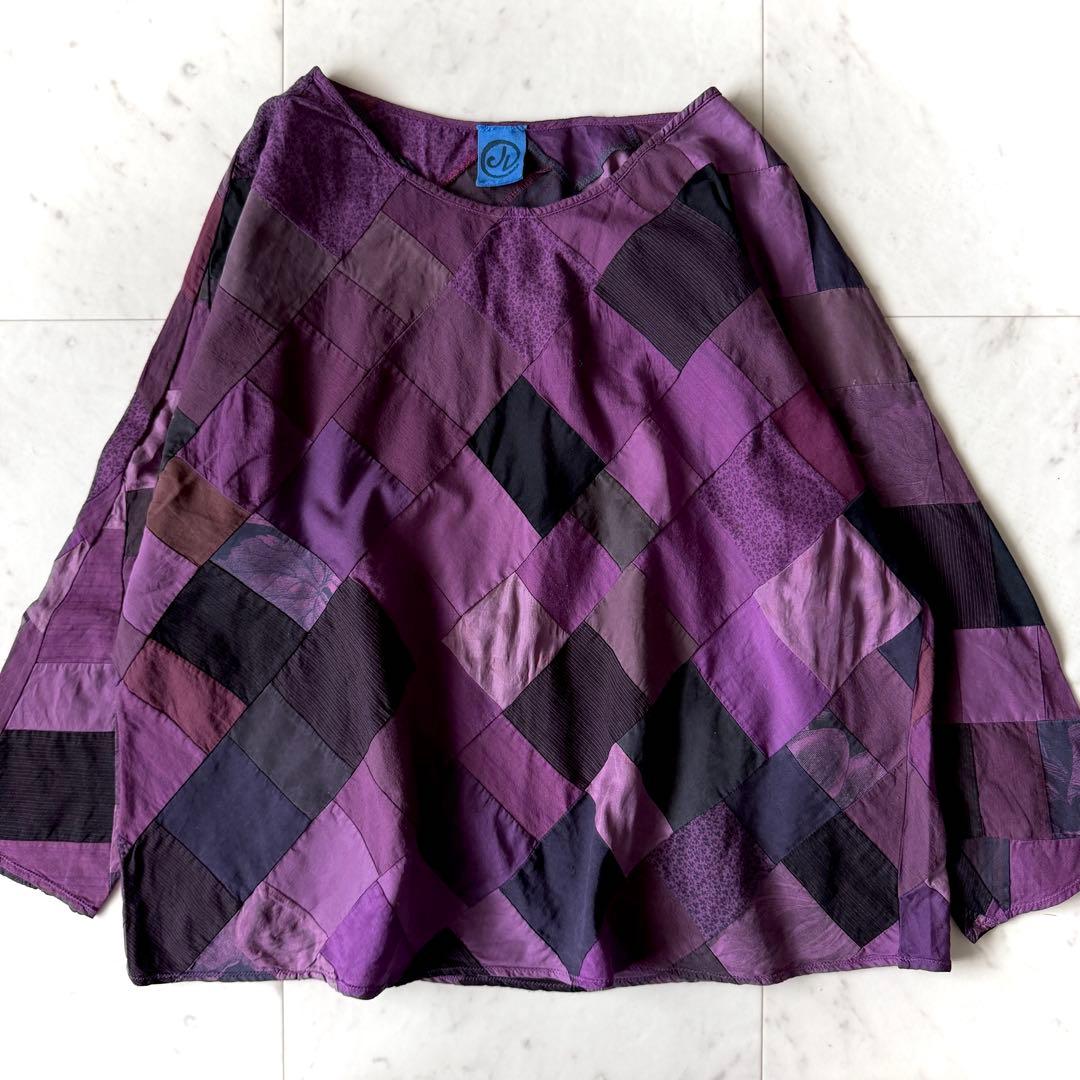 美品 ヨーガンレール コットンシルク パッチワークブラウス M パープル 絹