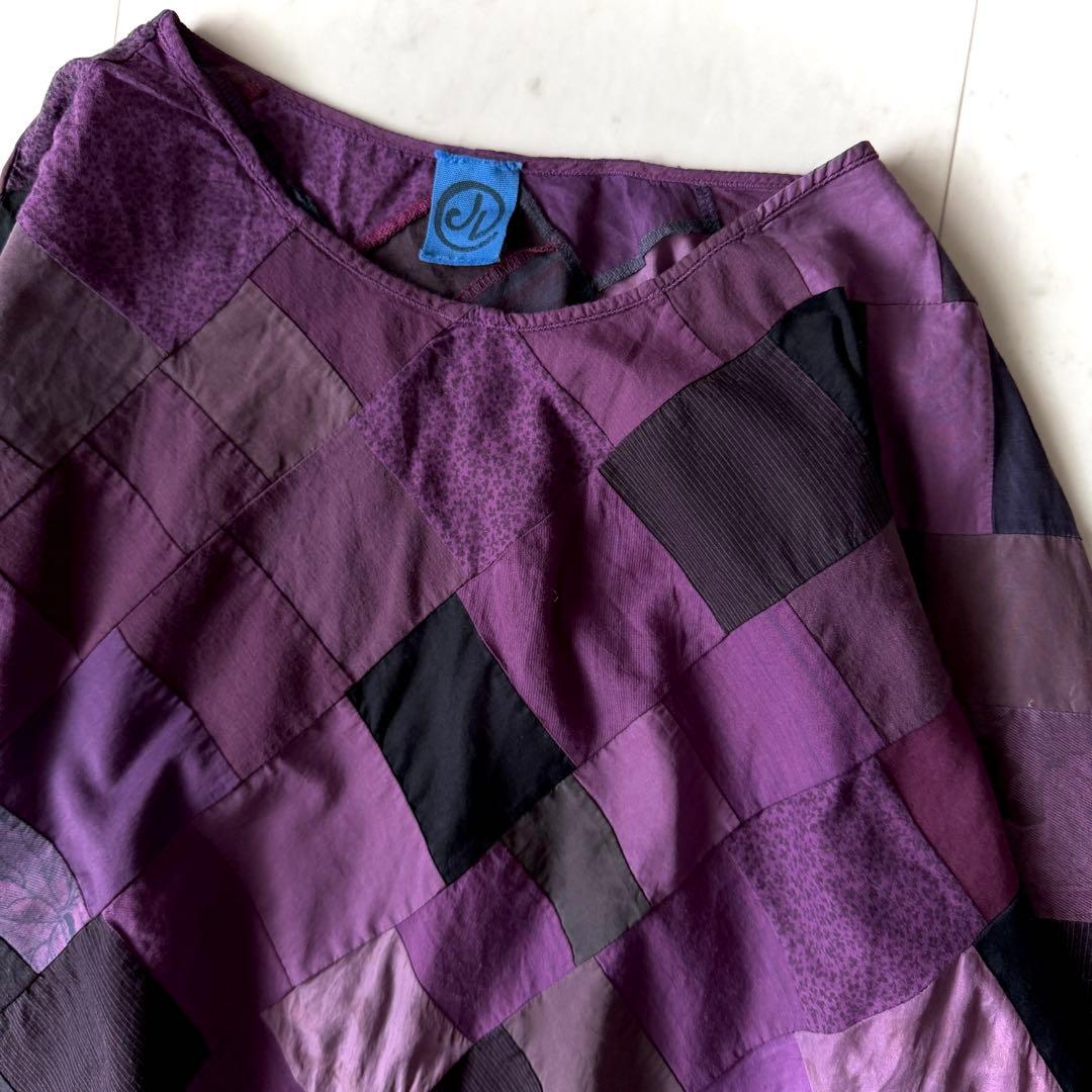 美品 ヨーガンレール コットンシルク パッチワークブラウス M パープル 絹