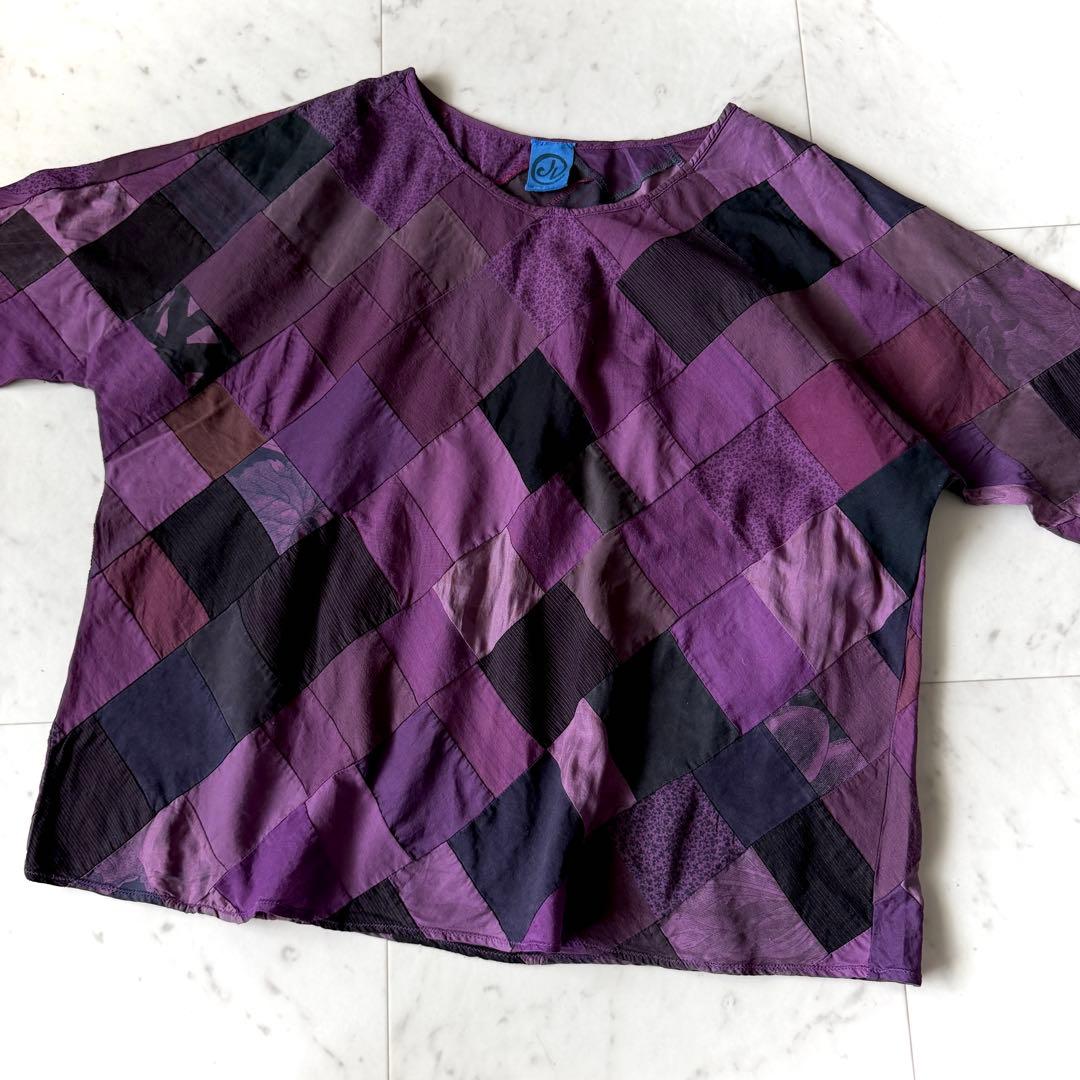 美品 ヨーガンレール コットンシルク パッチワークブラウス M パープル 絹