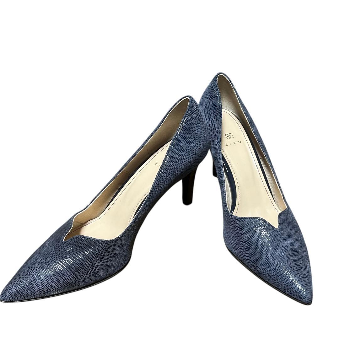 新品♪EIZO エイゾー Vカットパンプス 本革 日本製 ブルー　23.5㎝