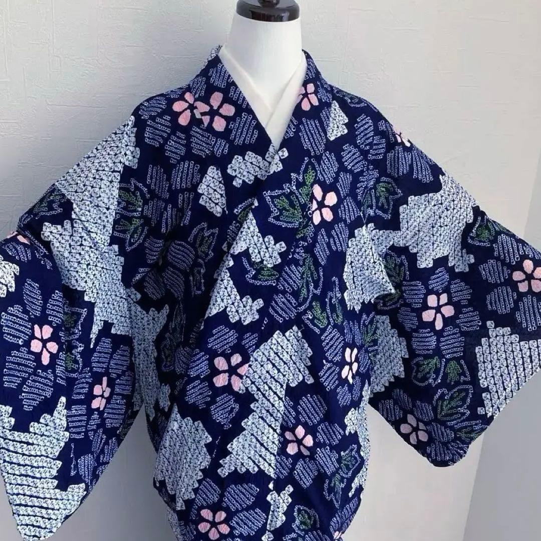 みっちん。 有松鳴海絞り浴衣・蜘蛛絞り 花模様　手縫い 広襟　No.-66