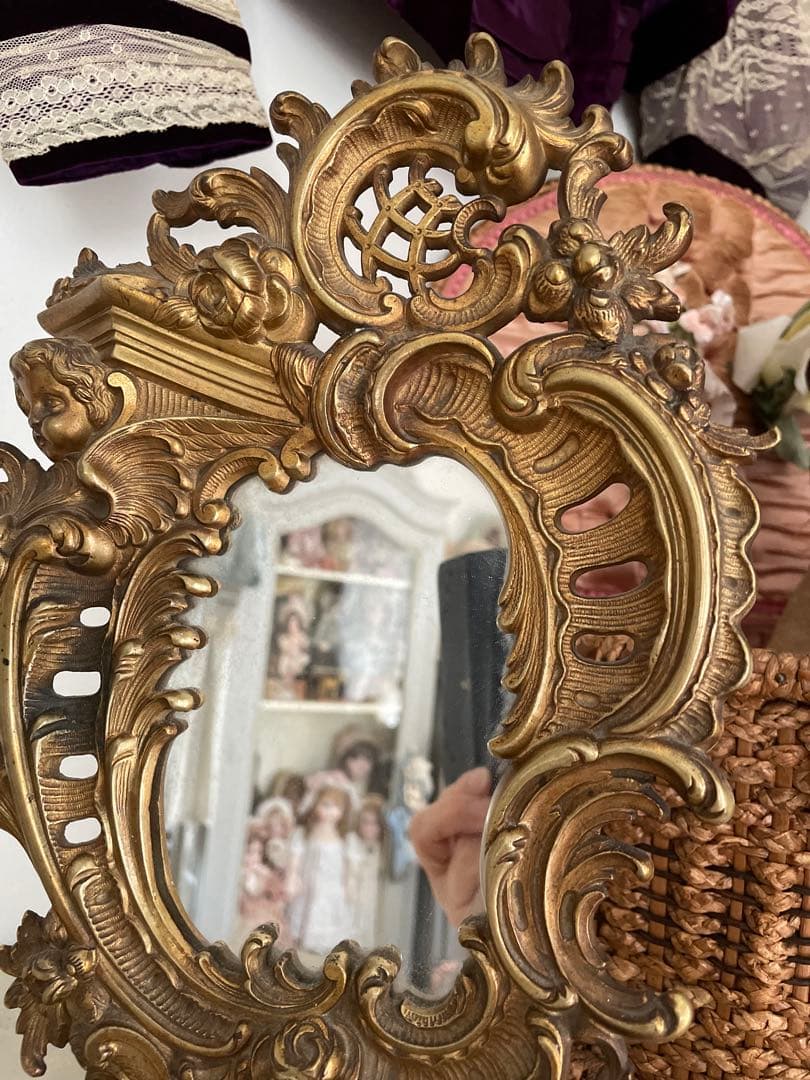 ♡フランスアンティーク ミラー♡エンジェル 天使 ローズ バラ 真鍮