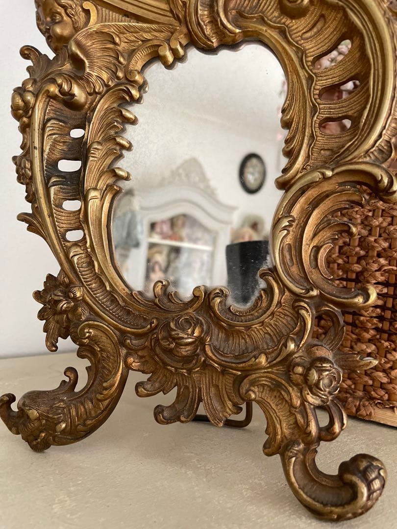 ♡フランスアンティーク ミラー♡エンジェル 天使 ローズ バラ 真鍮