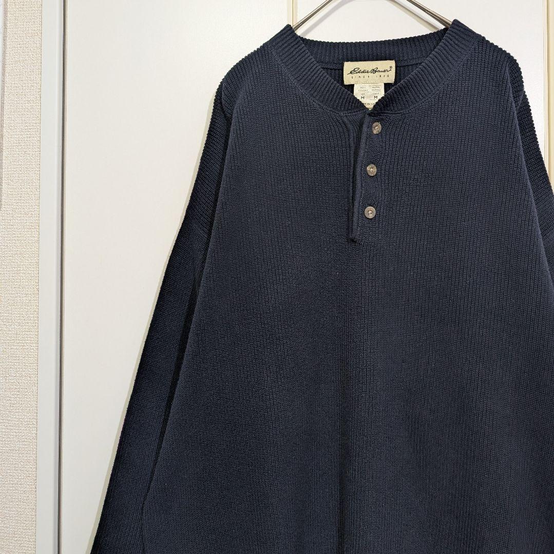 【白タグ】Eddie Bauer エディーバウアー ヘンリーネックニット 紺