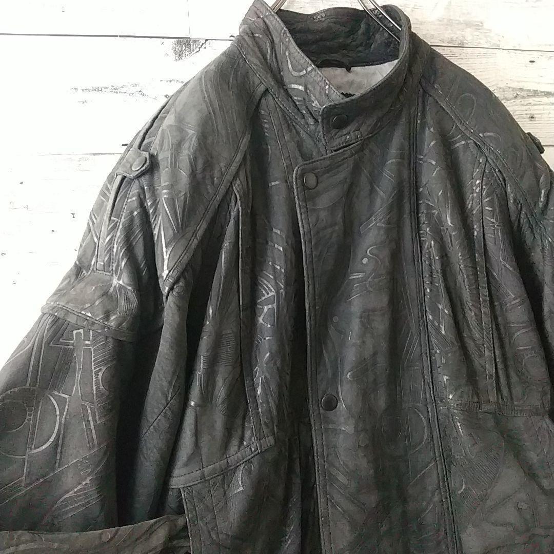 一点モノ☆柔かめ シープスキン 本革 リアルレザー 総柄 レザージャケット M