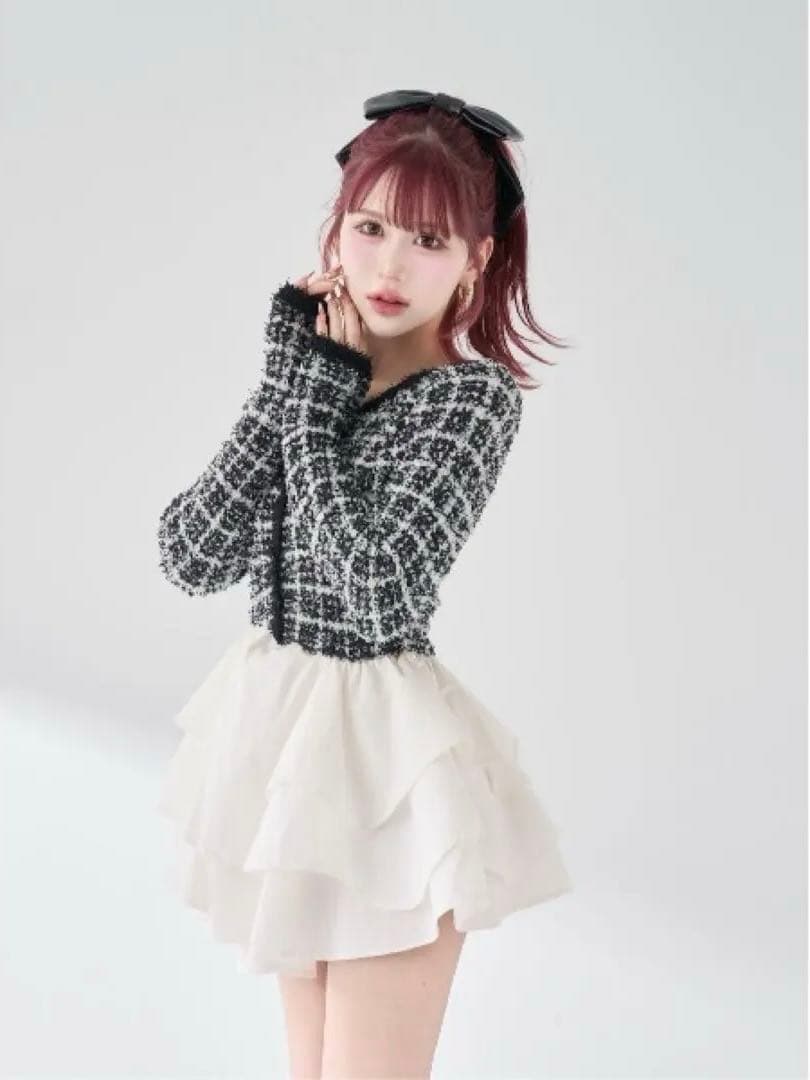 Darich ボリュームフリルツイードニットミニワンピース ブラック Fサイズ