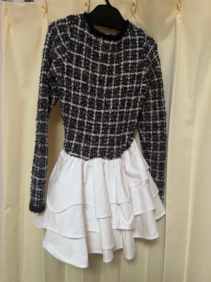 Darich ボリュームフリルツイードニットミニワンピース ブラック Fサイズ