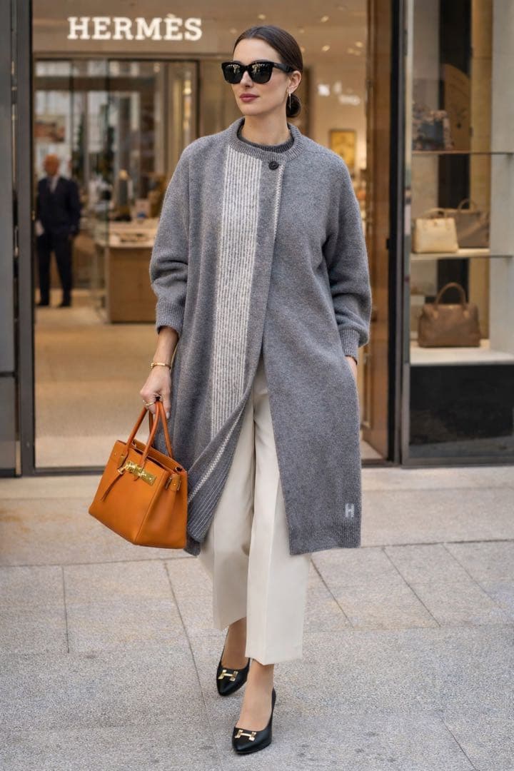 HERMES ロングカーディガン　コート　Hロゴ　ヴァージンウール