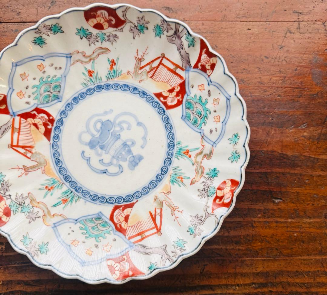 空一月-星様用 伊万里赤絵輪花皿 波千鳥鹿文一枚　伊万里　金彩色絵草花文一枚