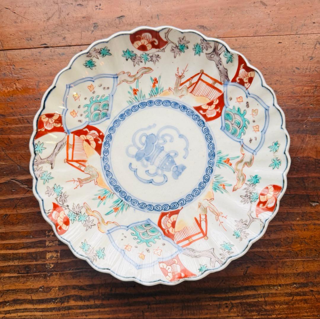 空一月-星様用 伊万里赤絵輪花皿 波千鳥鹿文一枚　伊万里　金彩色絵草花文一枚