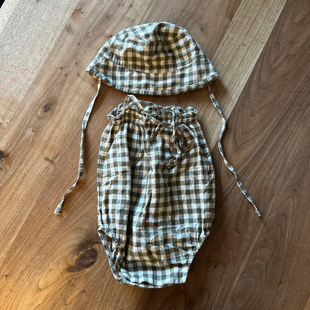OZ オーガニックズー ギンガムチェック ロンパース 帽子 70cm 0-12m