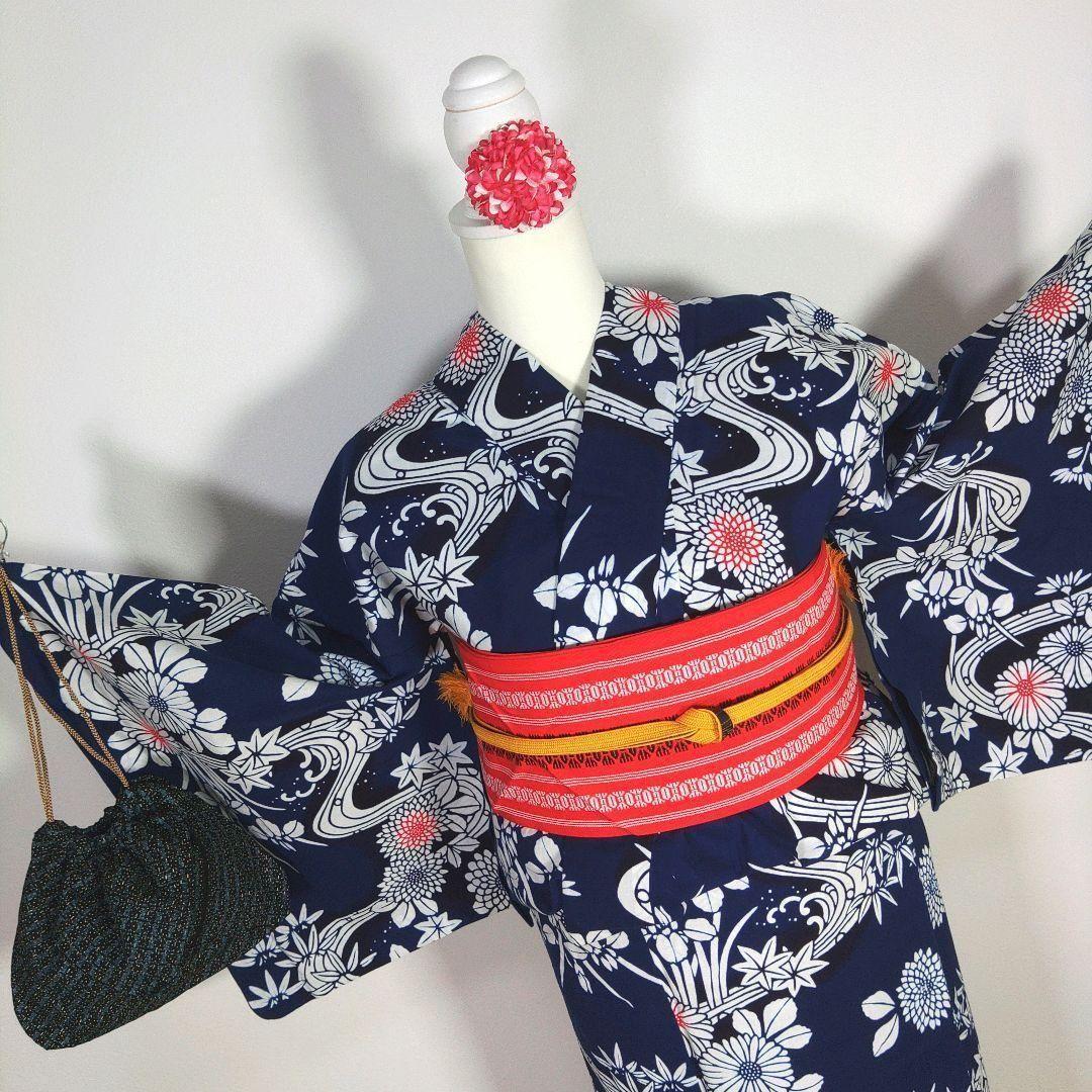レトロ　レディース　浴衣セット　身丈154cm　花　ネイビー　半幅帯　博多帯　赤