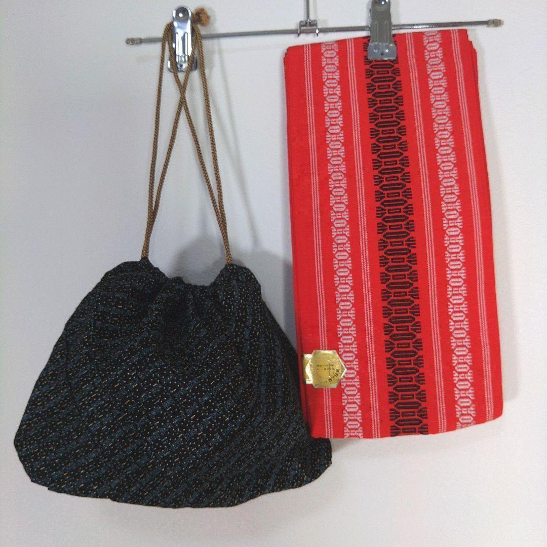 レトロ　レディース　浴衣セット　身丈154cm　花　ネイビー　半幅帯　博多帯　赤