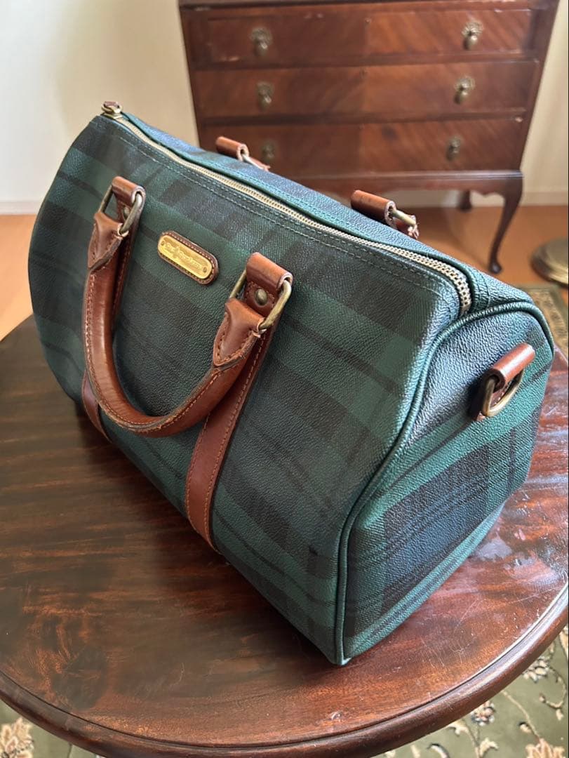 ポロ ラルフローレン ボストンバッグ チェック柄 レザー ダークグリーン