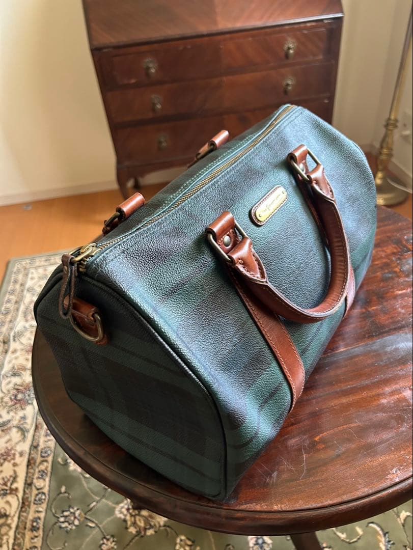 ポロ ラルフローレン ボストンバッグ チェック柄 レザー ダークグリーン