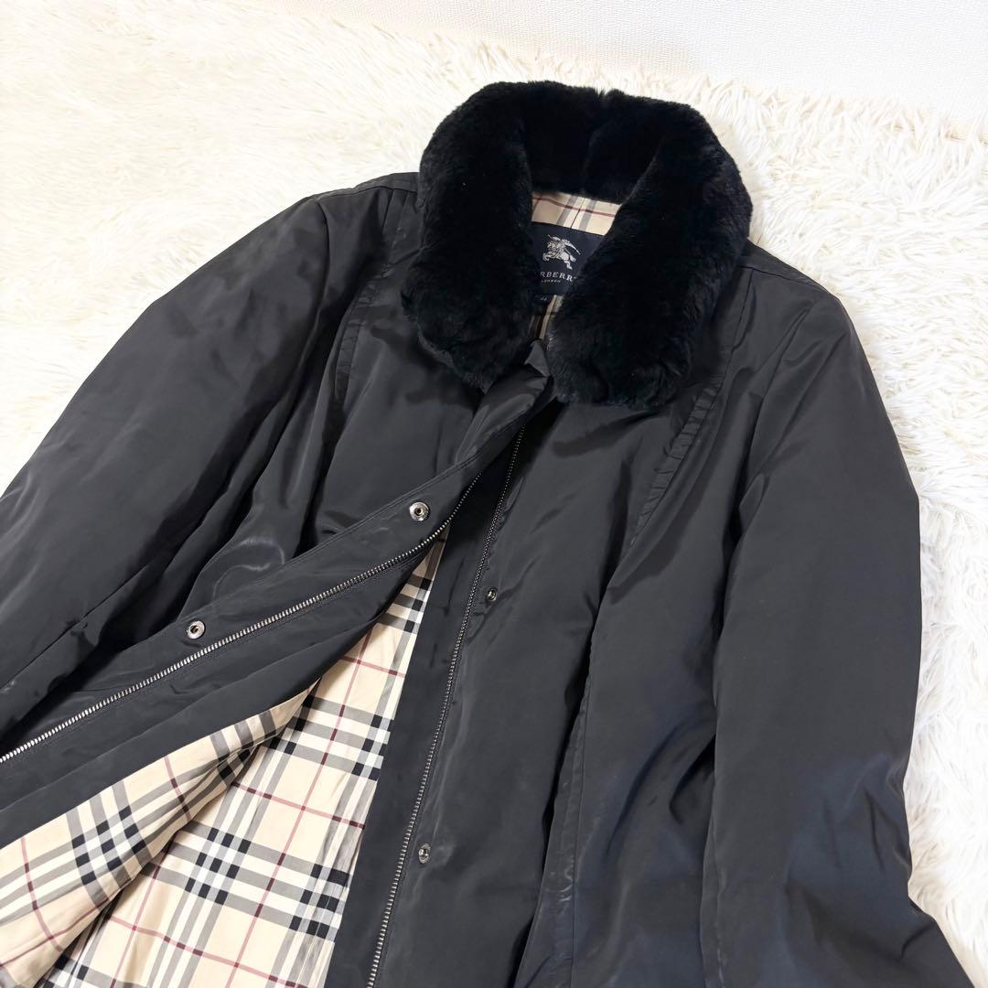 2XLサイズ バーバリー ノバチェック ロングダウンコート ラビットファー 黒
