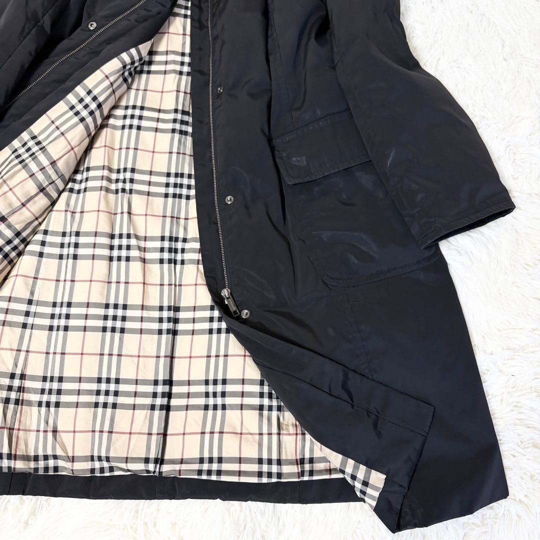 2XLサイズ バーバリー ノバチェック ロングダウンコート ラビットファー 黒