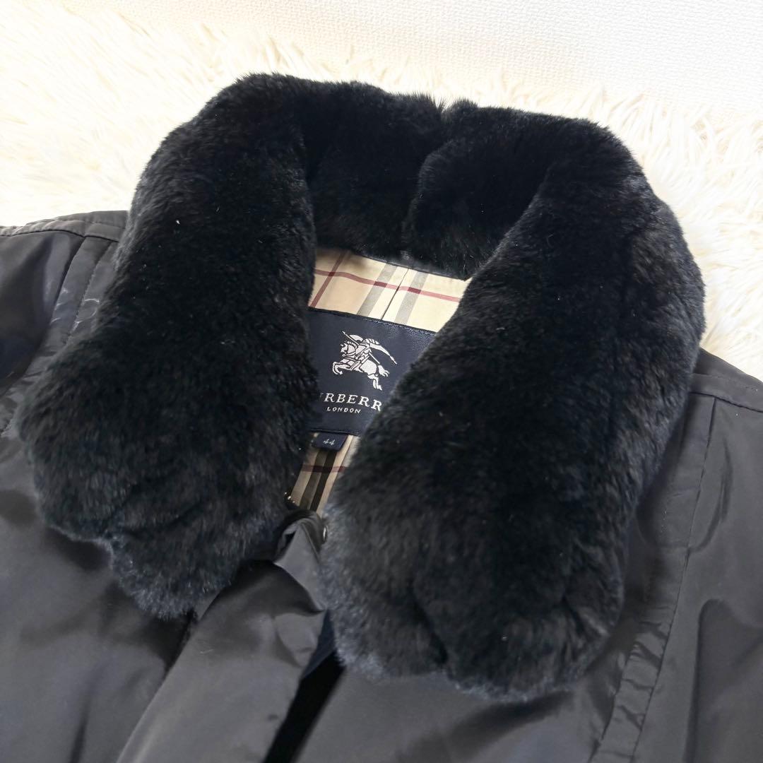 2XLサイズ バーバリー ノバチェック ロングダウンコート ラビットファー 黒