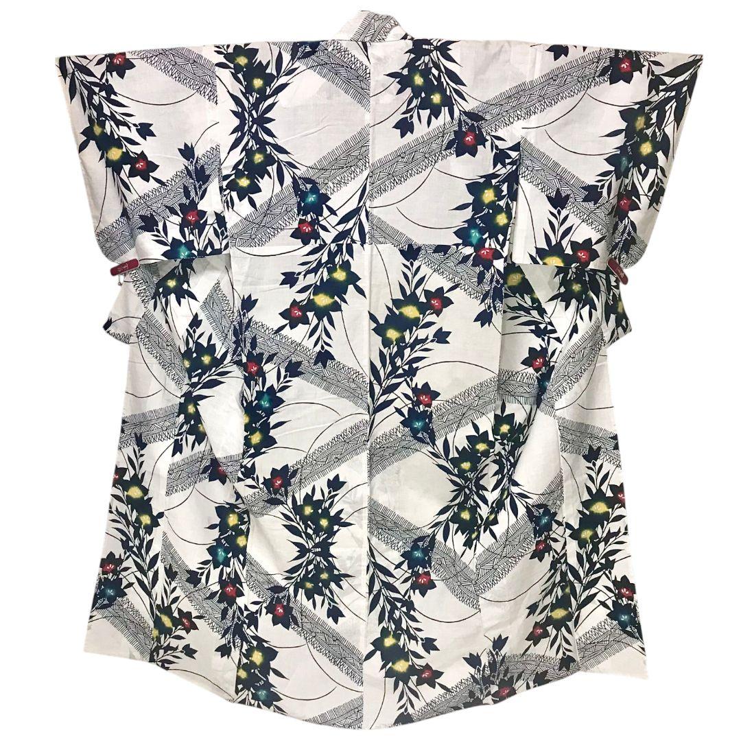 【浴衣】斜め変わり縞に桔梗模様 　注染　白地 　紺　粋　レトロモダン　古典 綿