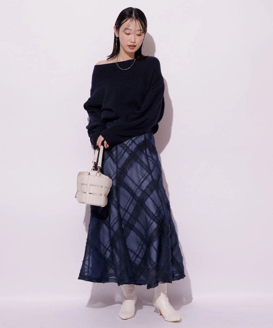 【新品タグ付き】Mystrada チュールチェック刺繍スカート ネイビー