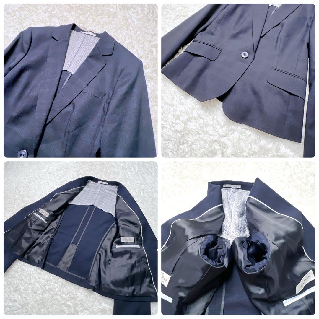 【未使用級】レミュー シルク混 セットアップパンツスーツ チェック ネイビー L