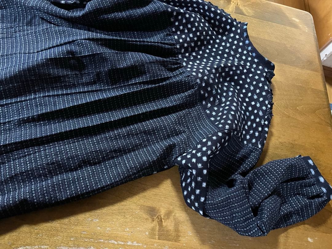 古布リメイク　久留米絣チュニック　シャツ　コート　雪ん子　フリル　ハンドメイド