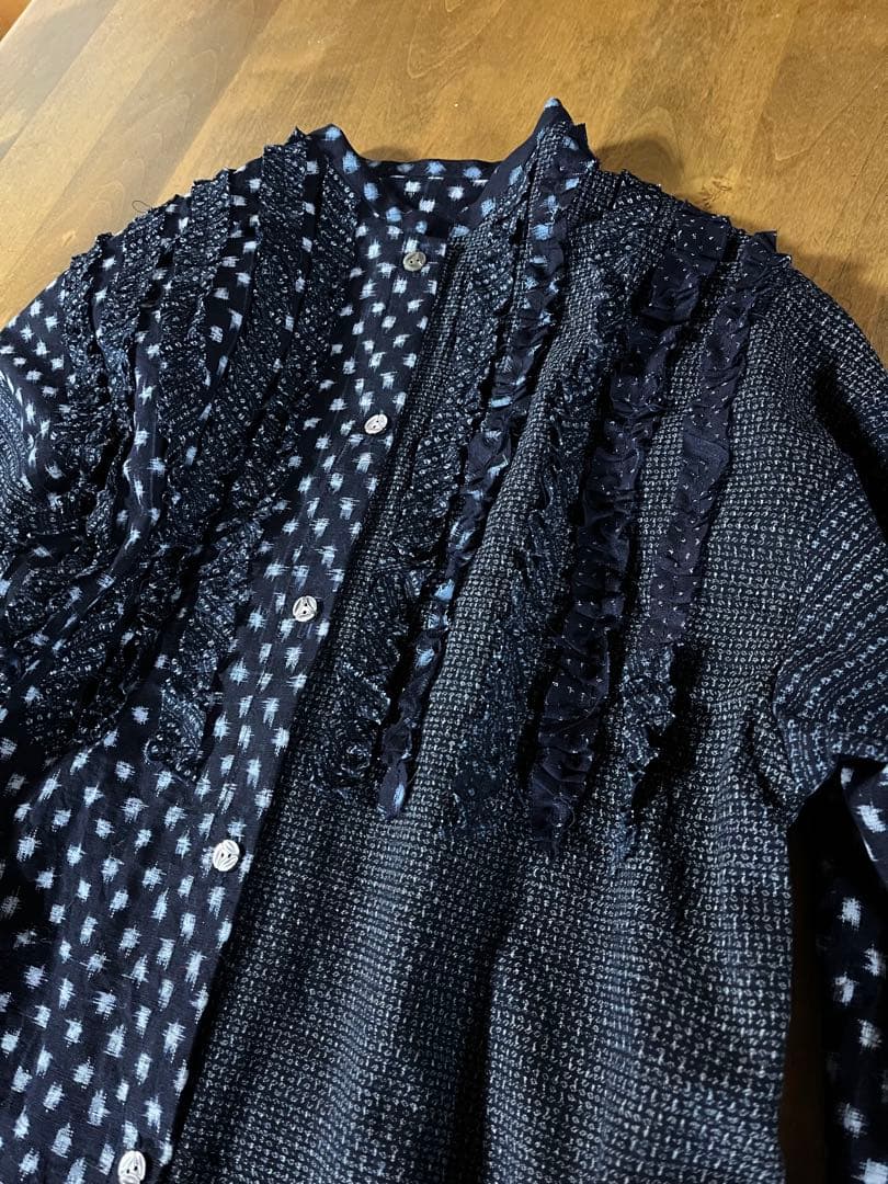 古布リメイク　久留米絣チュニック　シャツ　コート　雪ん子　フリル　ハンドメイド