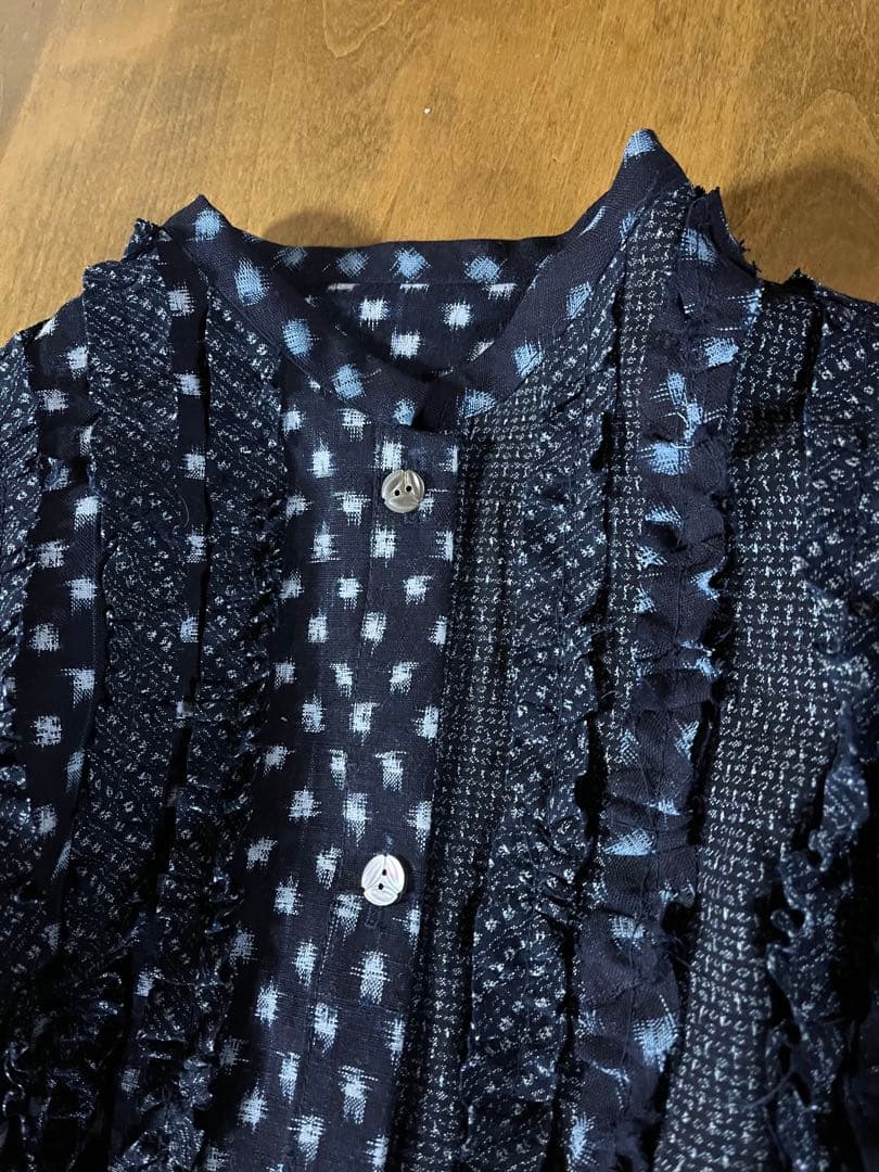 古布リメイク　久留米絣チュニック　シャツ　コート　雪ん子　フリル　ハンドメイド