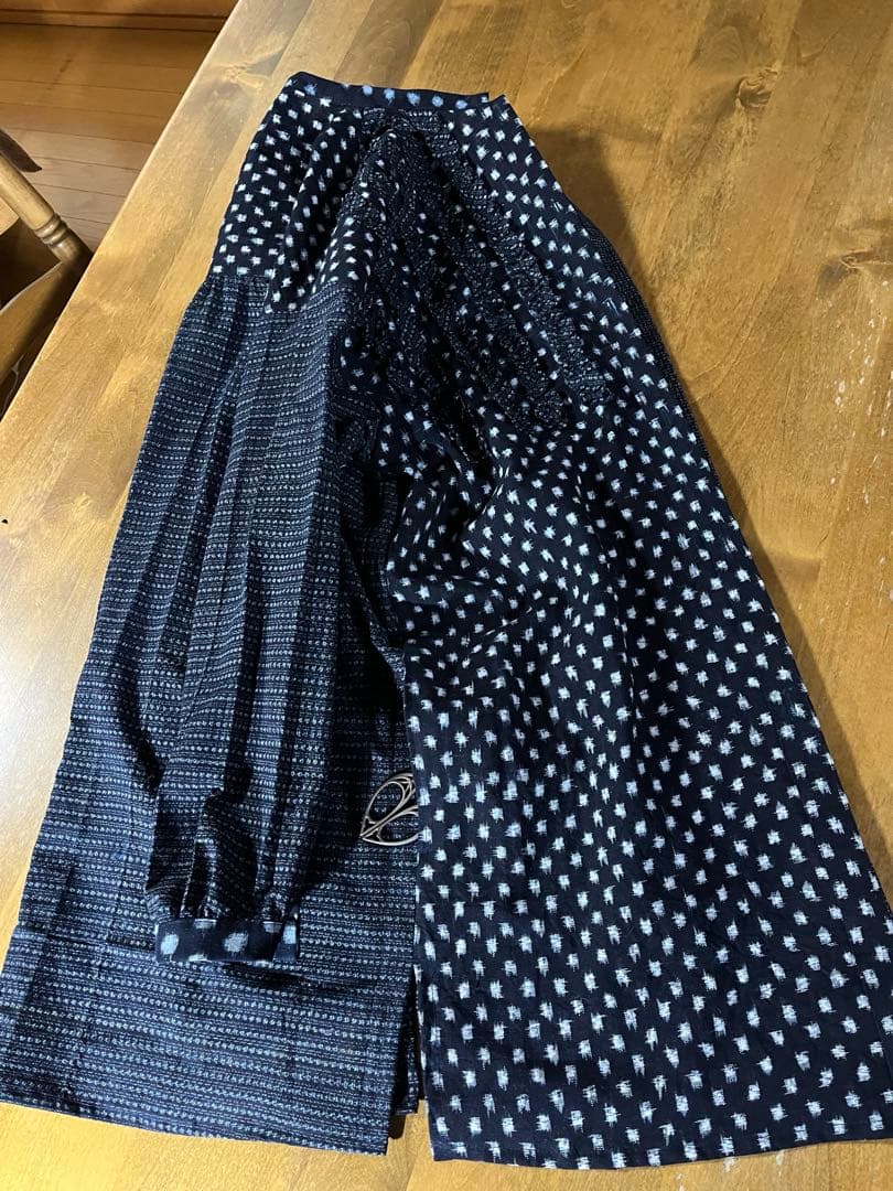 古布リメイク　久留米絣チュニック　シャツ　コート　雪ん子　フリル　ハンドメイド