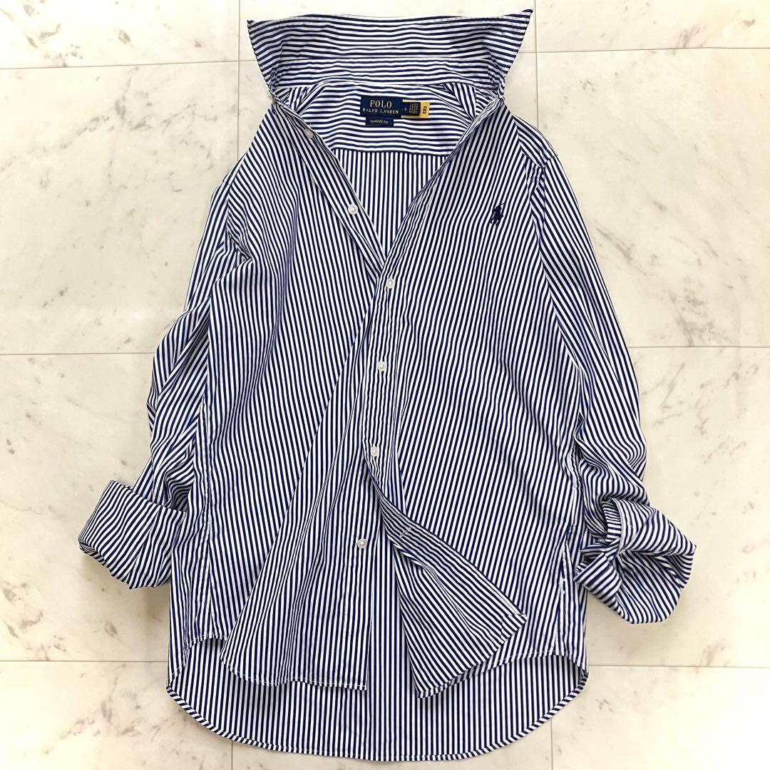 極美品 ポロラルフローレン ストライプシャツ ホース刺繍 QR ブルー