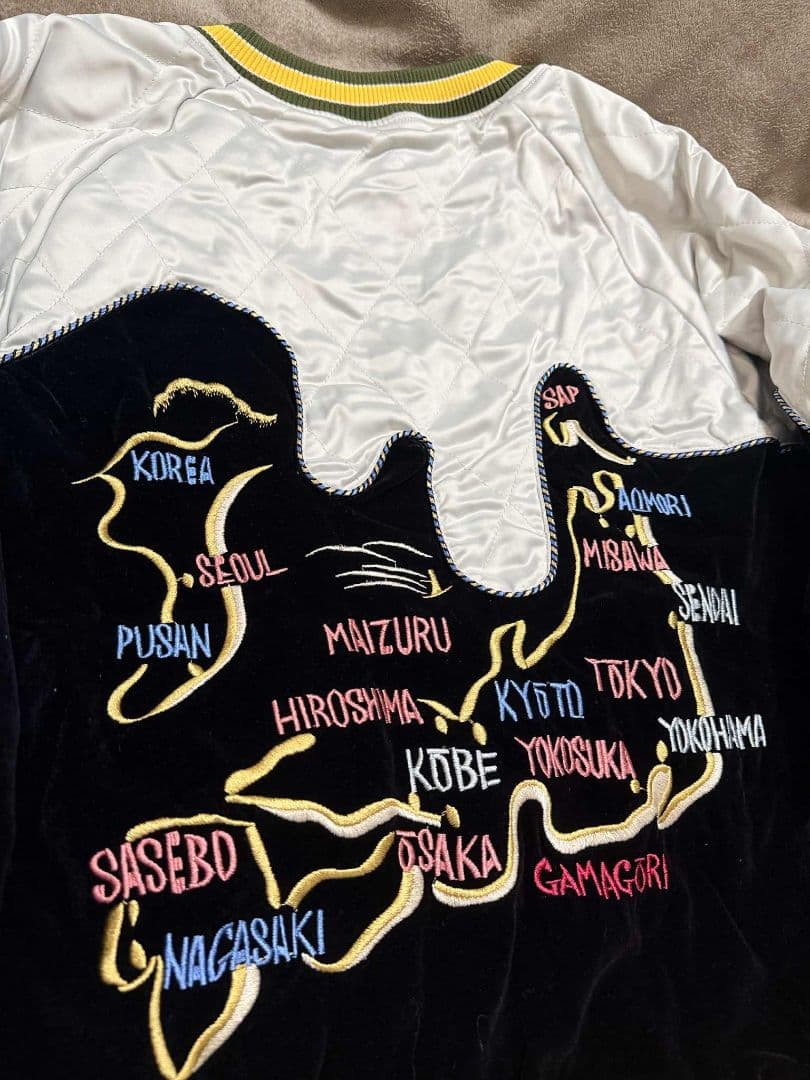 未使用 日本地図 スカジャン 鶴 unisex 美品 サテン 別珍