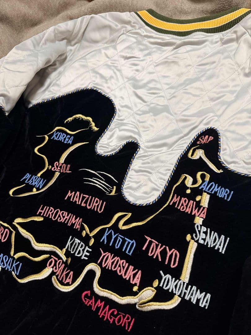 未使用 日本地図 スカジャン 鶴 unisex 美品 サテン 別珍