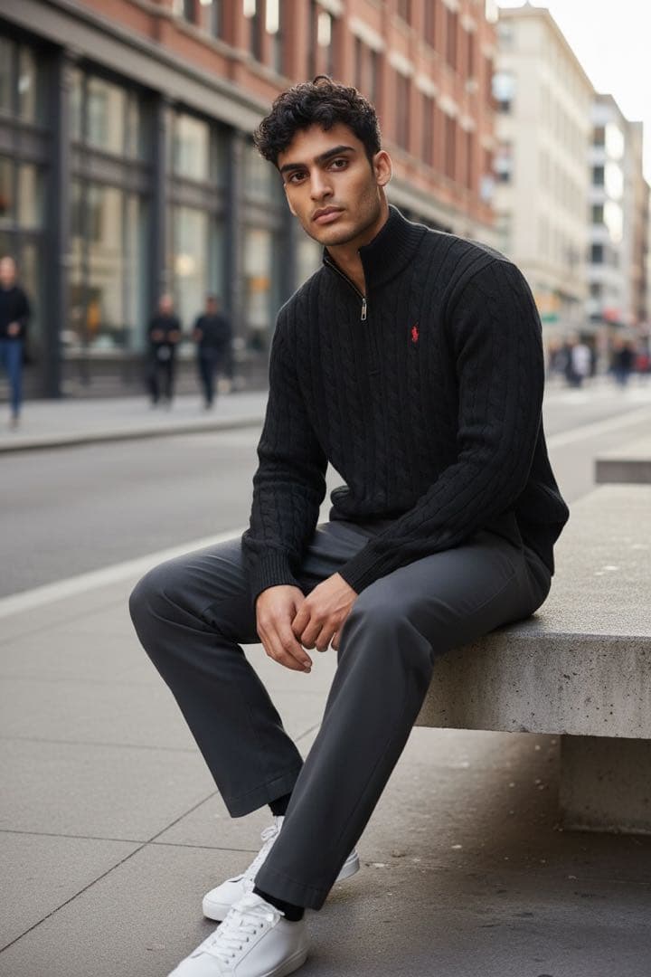 新品タグ付 ラルフローレン ハーフジップ ケーブルニット ブラック-L