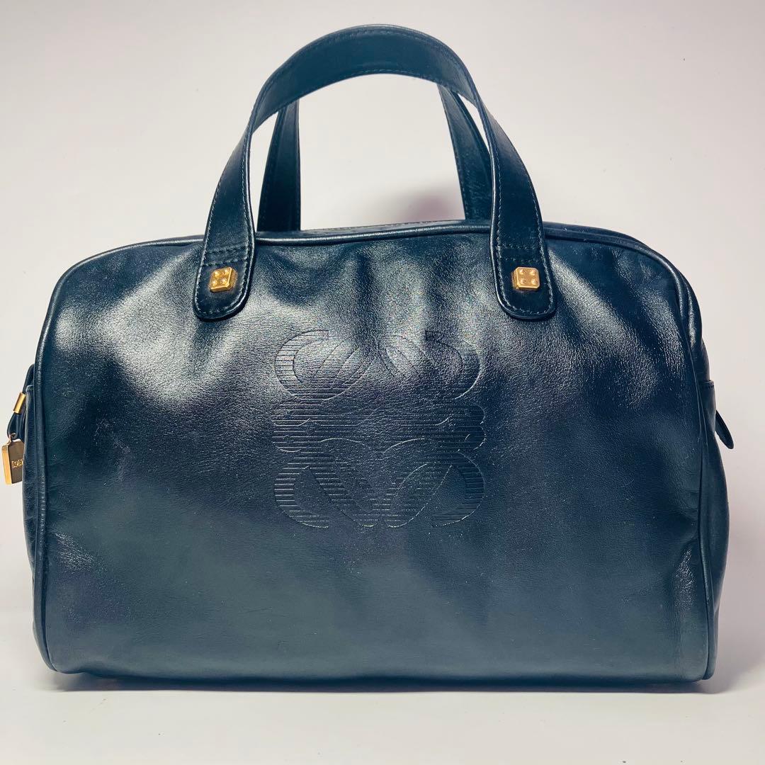 美品　ロエベ ミニボストン アマゾナ28アナグラム 金金具 レザー ブラック 黒