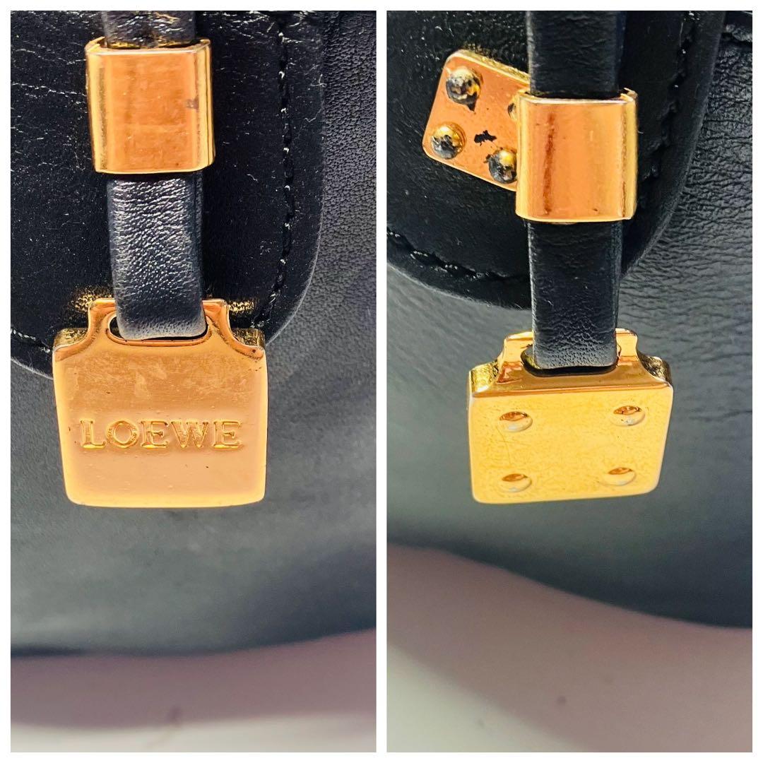 美品　ロエベ ミニボストン アマゾナ28アナグラム 金金具 レザー ブラック 黒