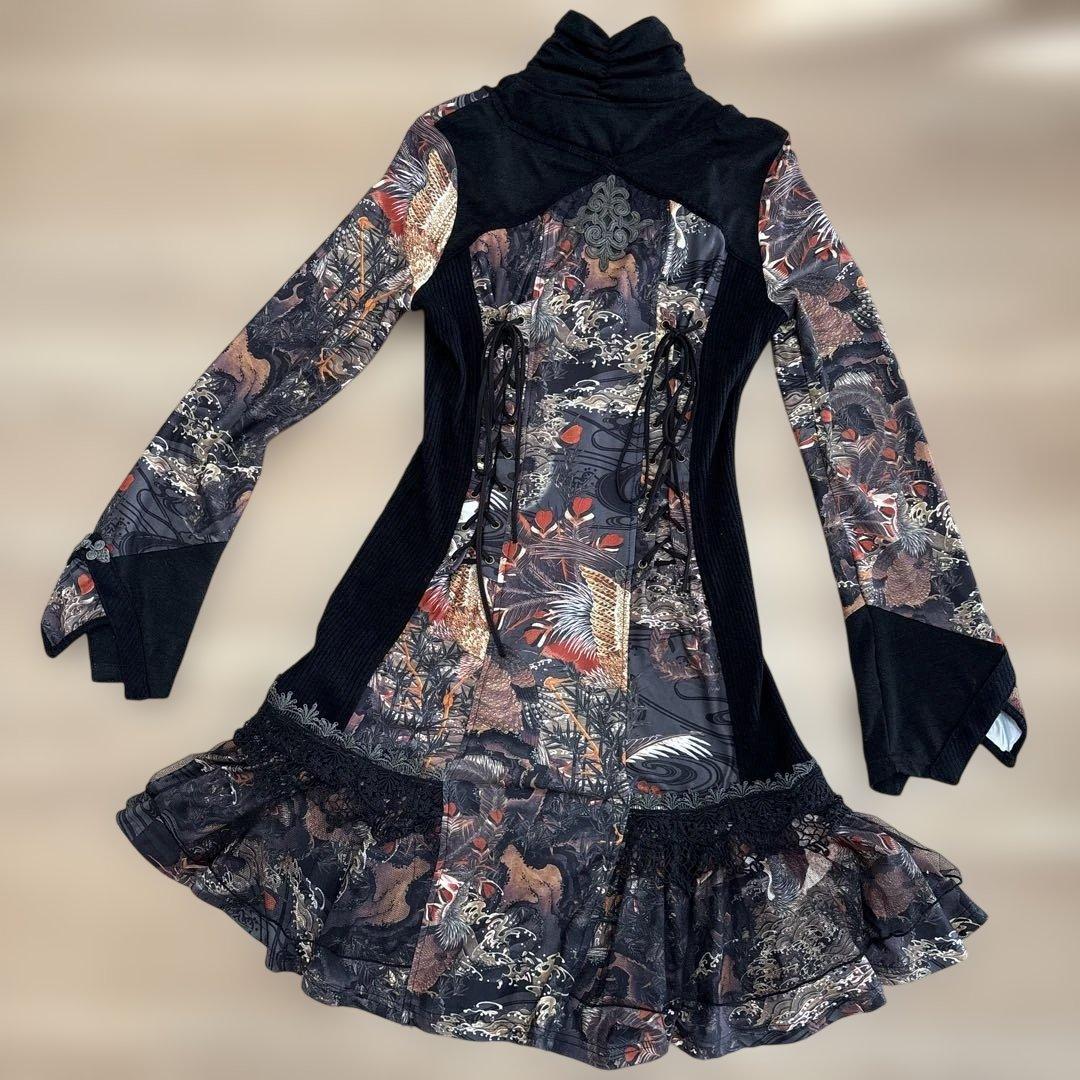 OzzOneste オッズオン オッズオネスト 和柄長袖ひざ丈ワンピース