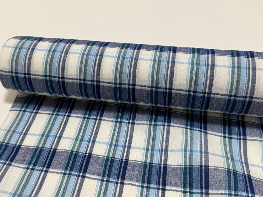 新品　夏物 近江ちぢみ 反物 麻 綿 日本製 川口織物　格子ストライプ　ブルー