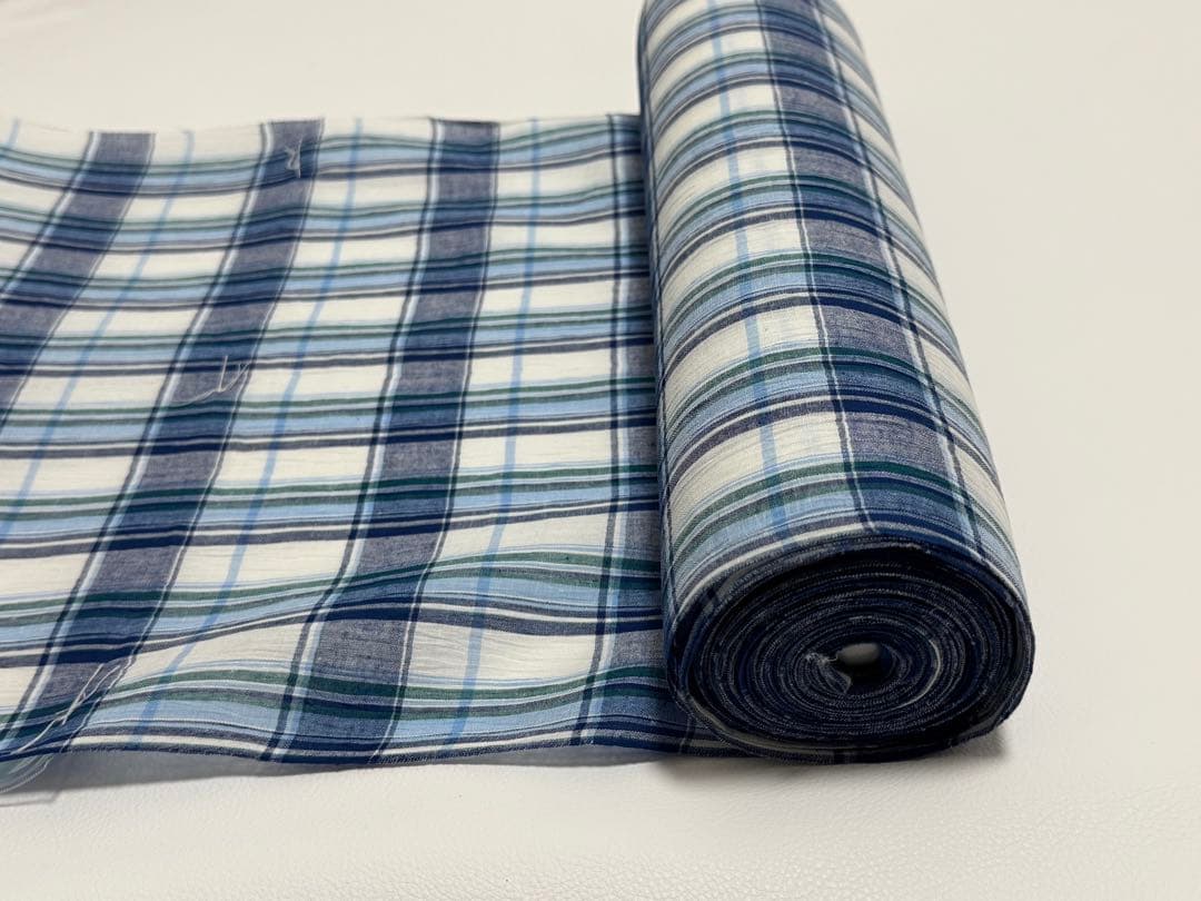 新品　夏物 近江ちぢみ 反物 麻 綿 日本製 川口織物　格子ストライプ　ブルー