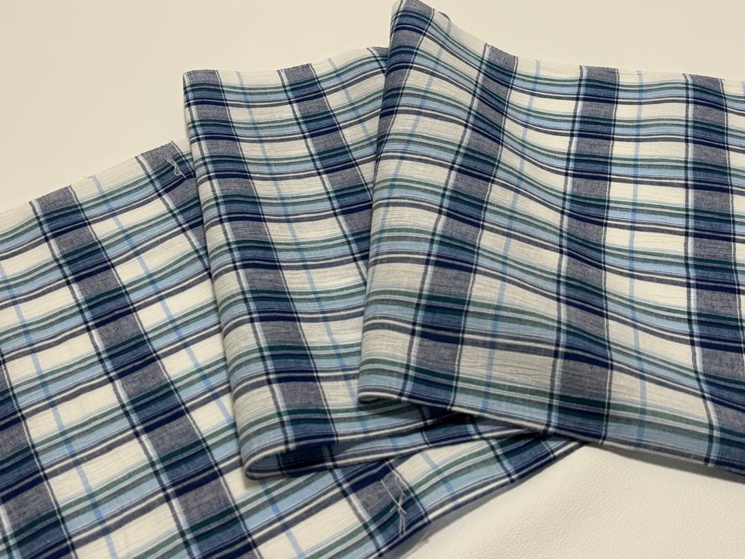 新品　夏物 近江ちぢみ 反物 麻 綿 日本製 川口織物　格子ストライプ　ブルー