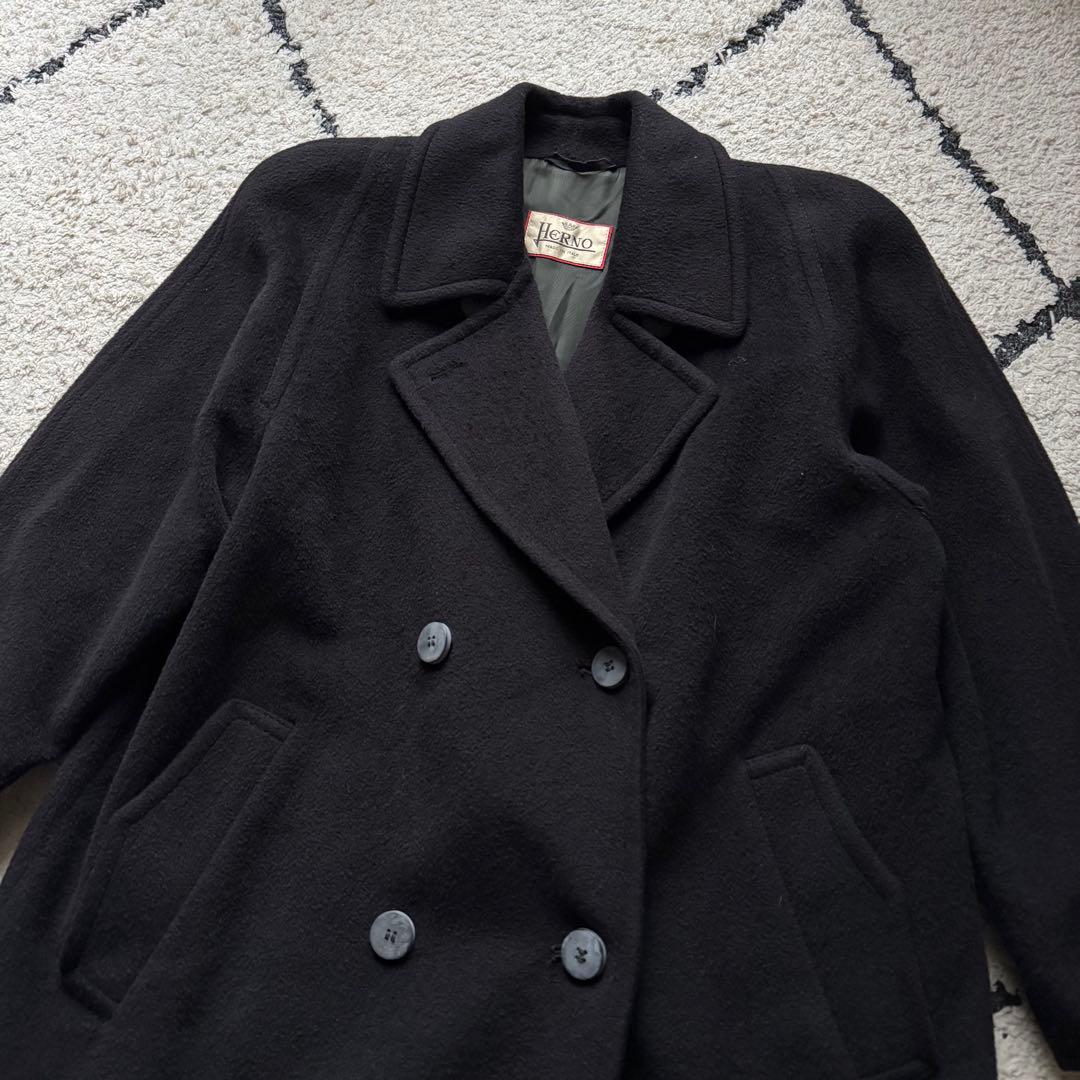 HERNO スカーフ柄 カシミヤ混 ダブル チェスターコート ブラック　40