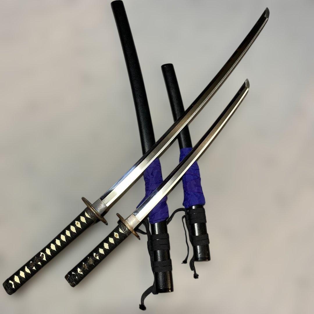 上級模造刀大小２本(刀袋付) 黒柄 竹笹小判鍔