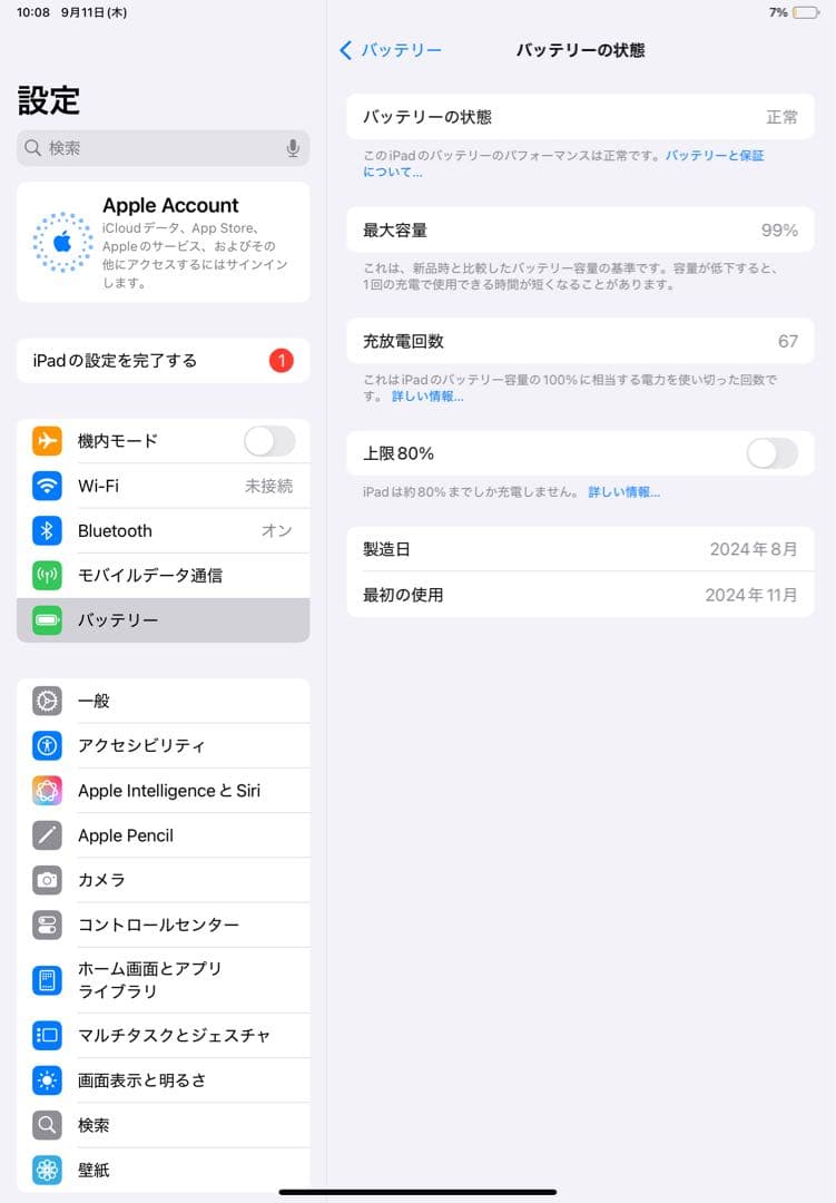 iPadAir M2 11インチ 第6世代 256GB セルラー バッテリ99%