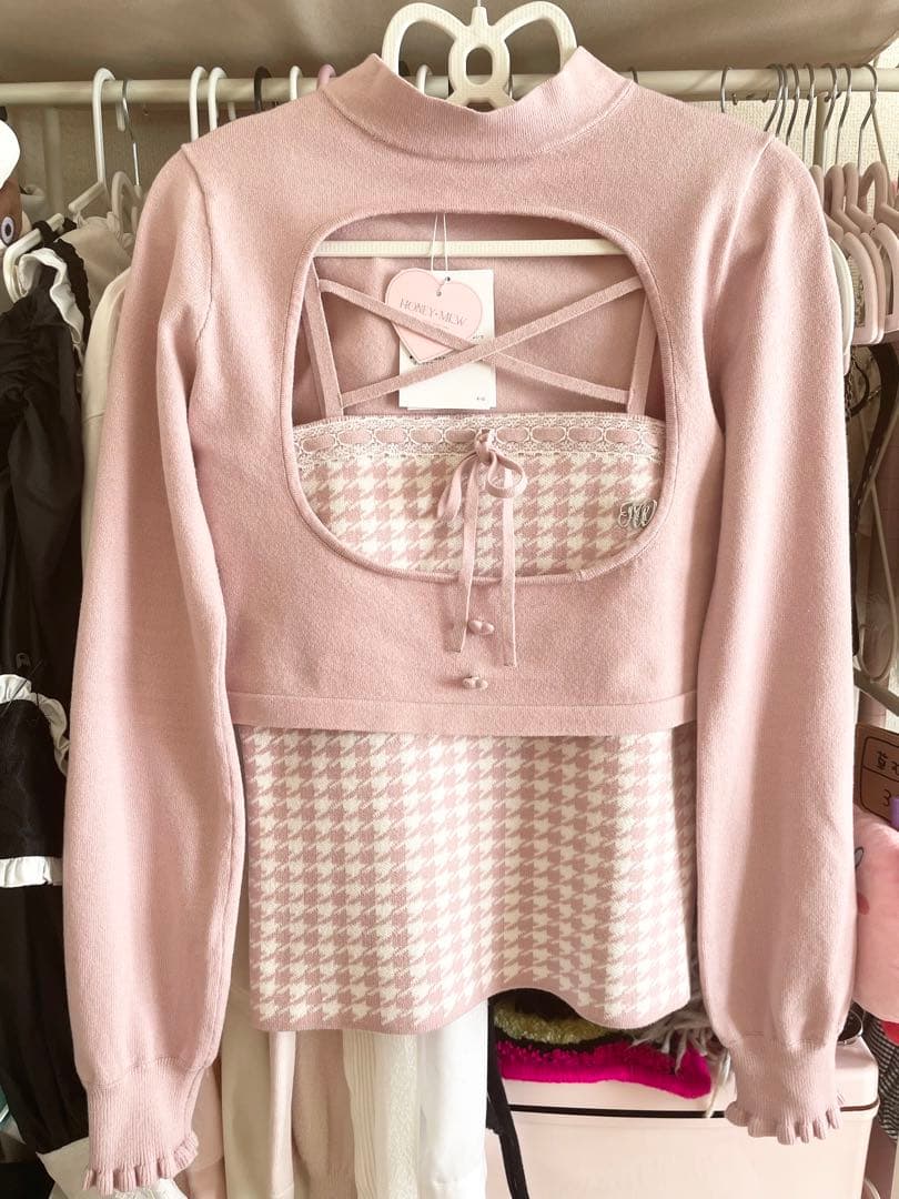 honeymew 千鳥柄ハイネックアンサンブルトップス