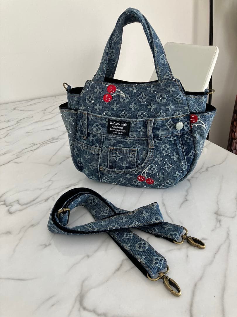 1007 ピエロ　ヒョウ柄デニムリメイクバック　ハンドメイド