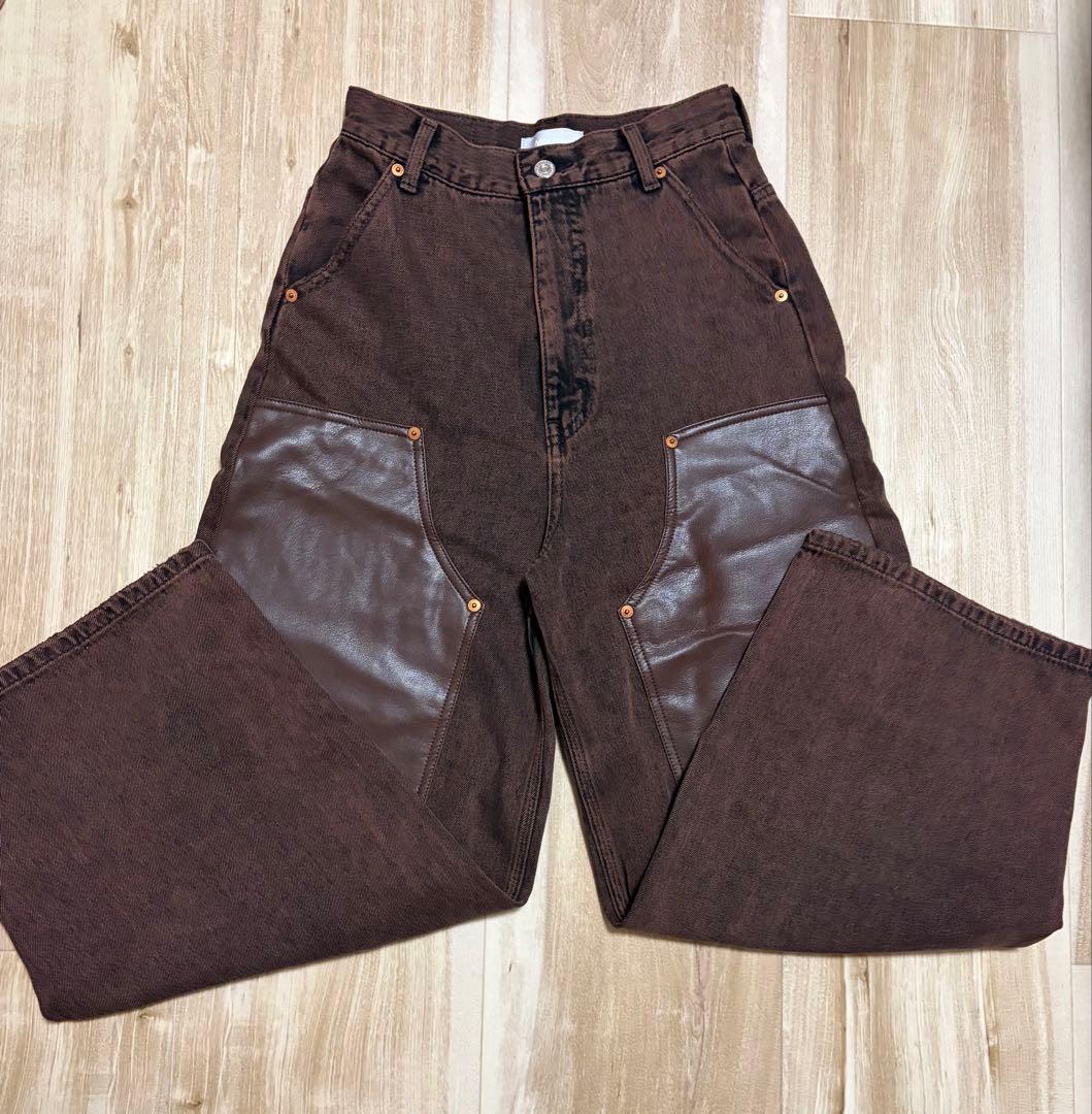 MOUSSY F/LEATHER DOUBLE KNEE パンツ　ブラウン