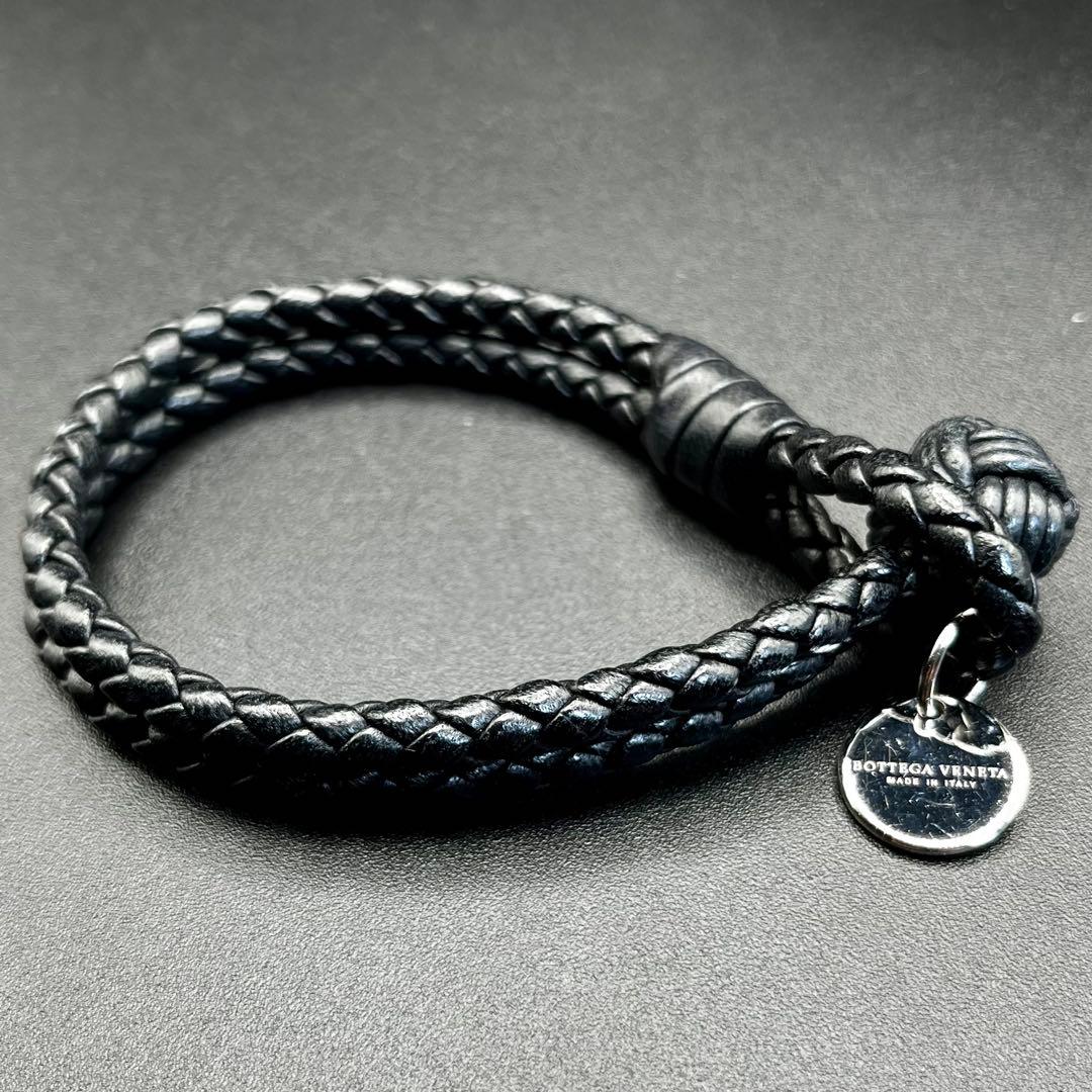 【美品】 ボッテガヴェネタ 2連 編み込み レザーブレスレット 黒 19cm