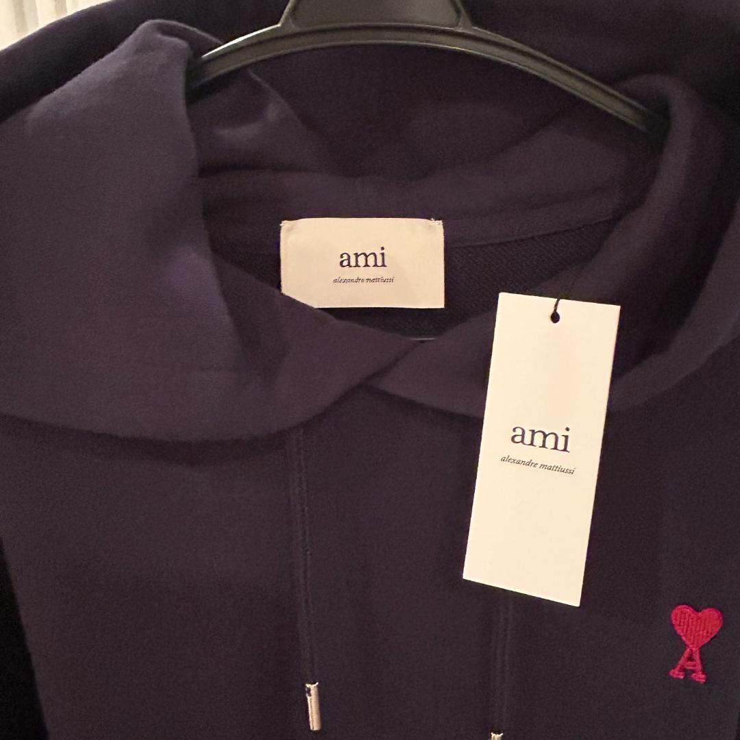 【新品 AMI Paris】パーカー ネイビー L 男女兼用 正規品 赤刺繍ロゴ