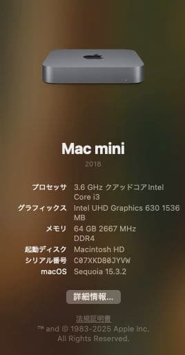Macデスクトップ AppleMac mini Core i3 3.6G64GB SSD128GB